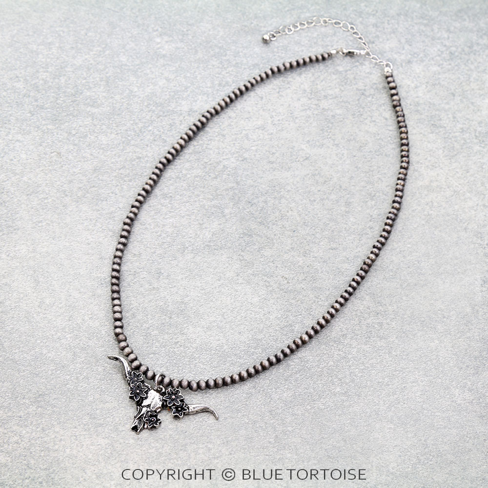 Western Floral Steer Skull Pearl Necklace