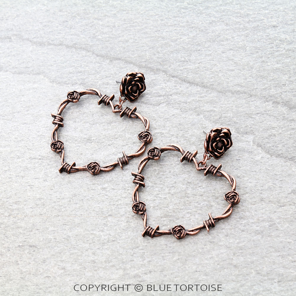 Western Barbed Heart & Rose Stud Earrings