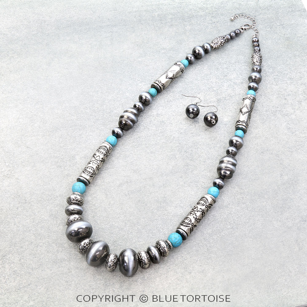 Western Navajo Style Pearl & Barrel Necklace Set