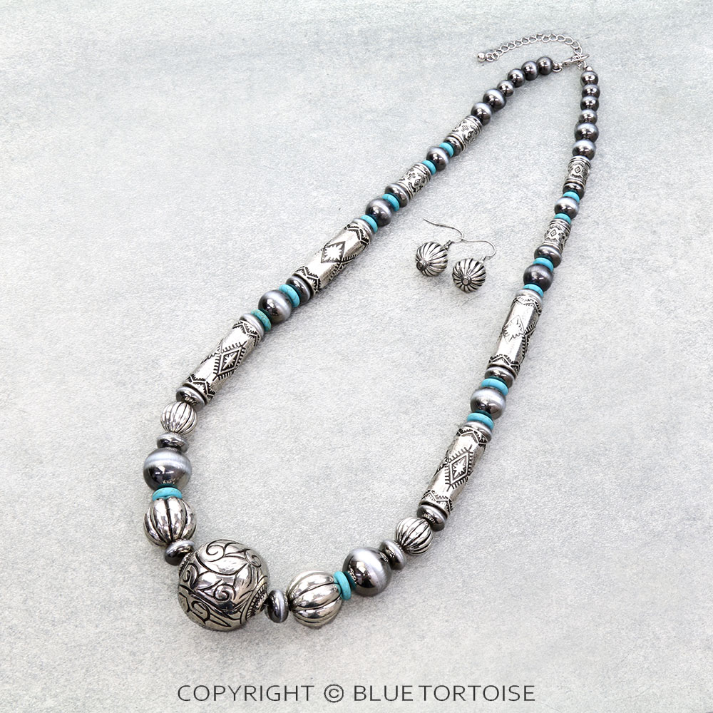 Western Navajo Style Pearl & Barrel Necklace Set