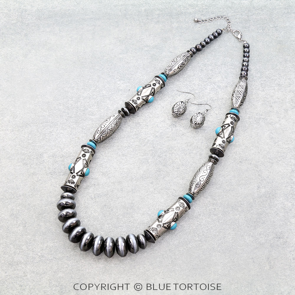 Western Navajo Style Pearl & Barrel Necklace Set