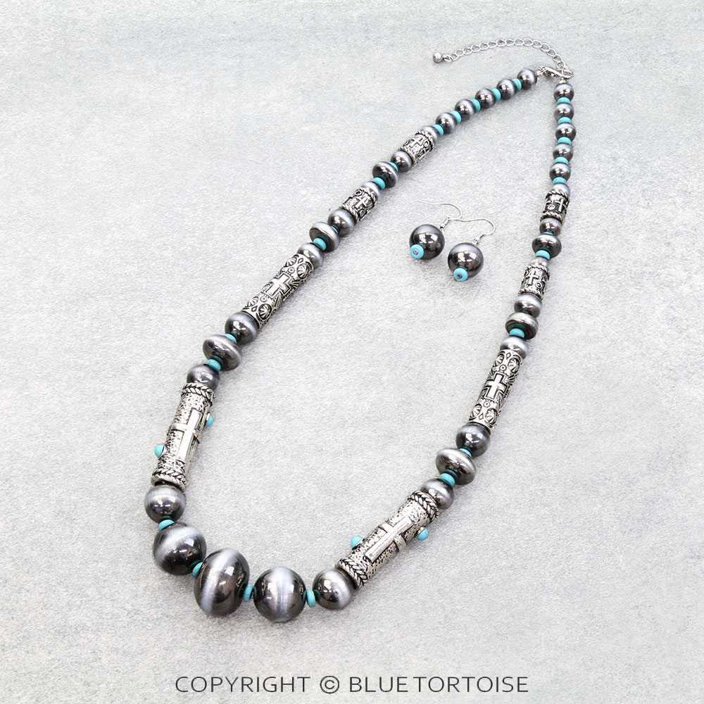 Western Navajo Style Pearl & Barrel Necklace Set