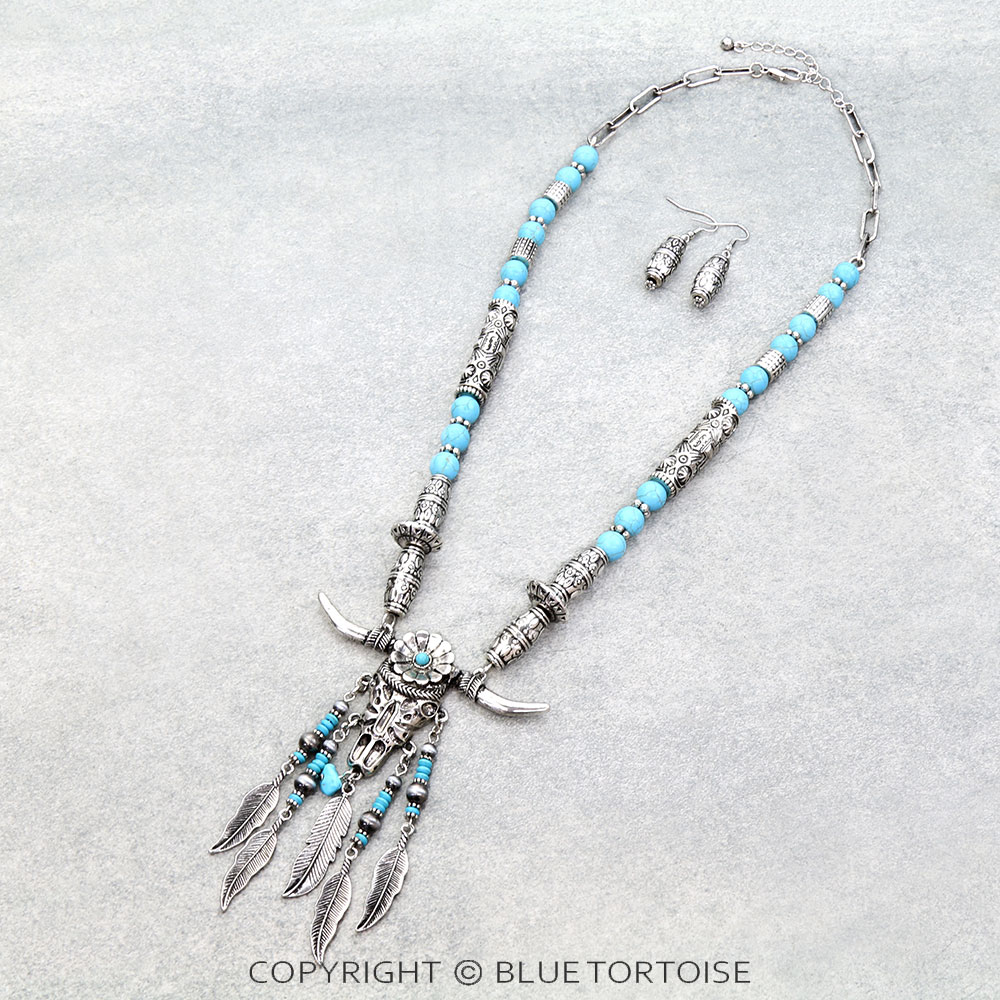 Western Flower Steer Skull Stone Necklace Set