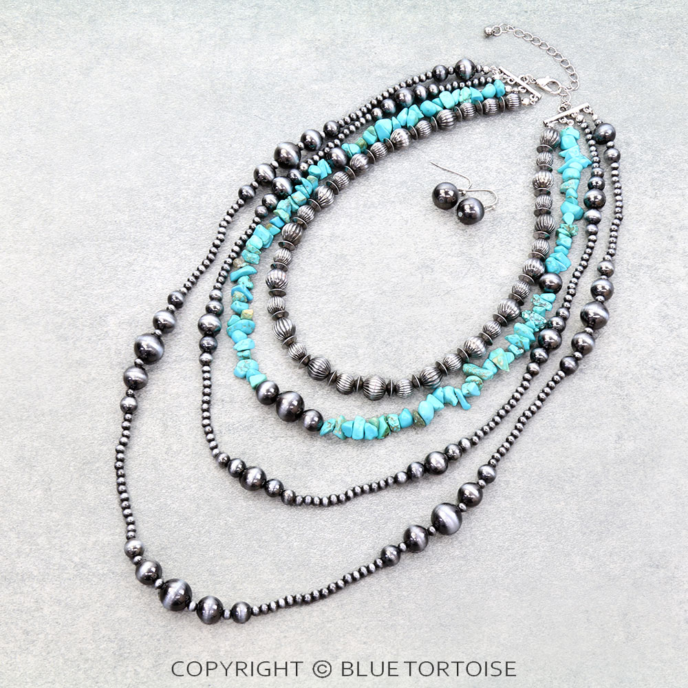 4 Layered Navajo Style Pearl & Stone Necklace Set