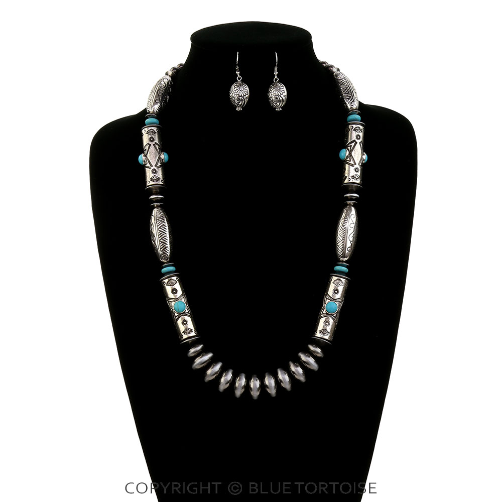 Western Navajo Style Pearl & Barrel Necklace Set - Image 2