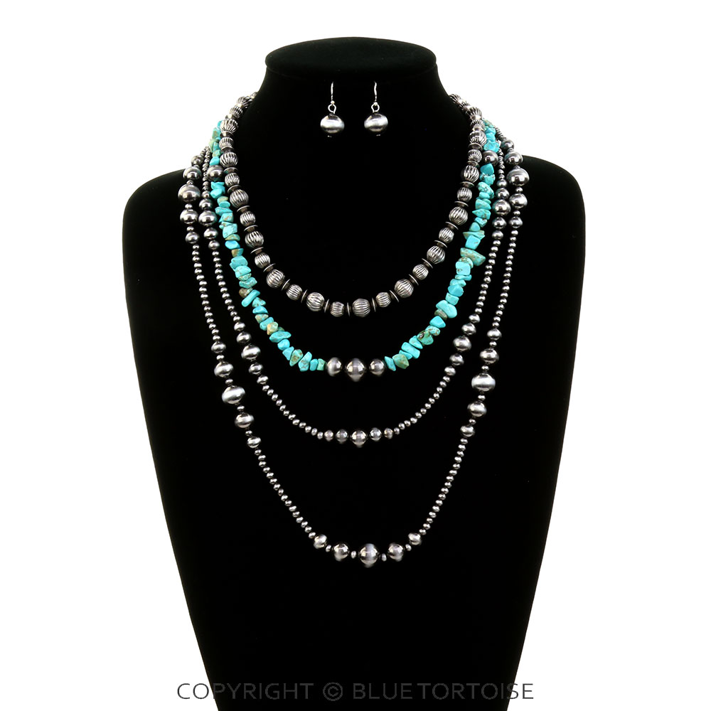 4 Layered Navajo Style Pearl & Stone Necklace Set - Image 2