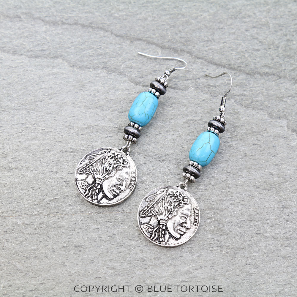 Western Coin Stone Dangle Earrings