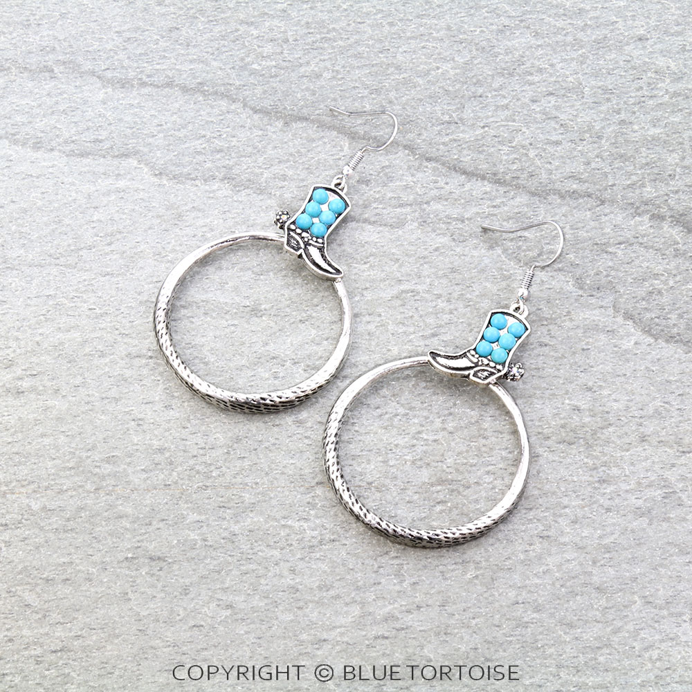 Western Boot Stone Round Dangle Earrings