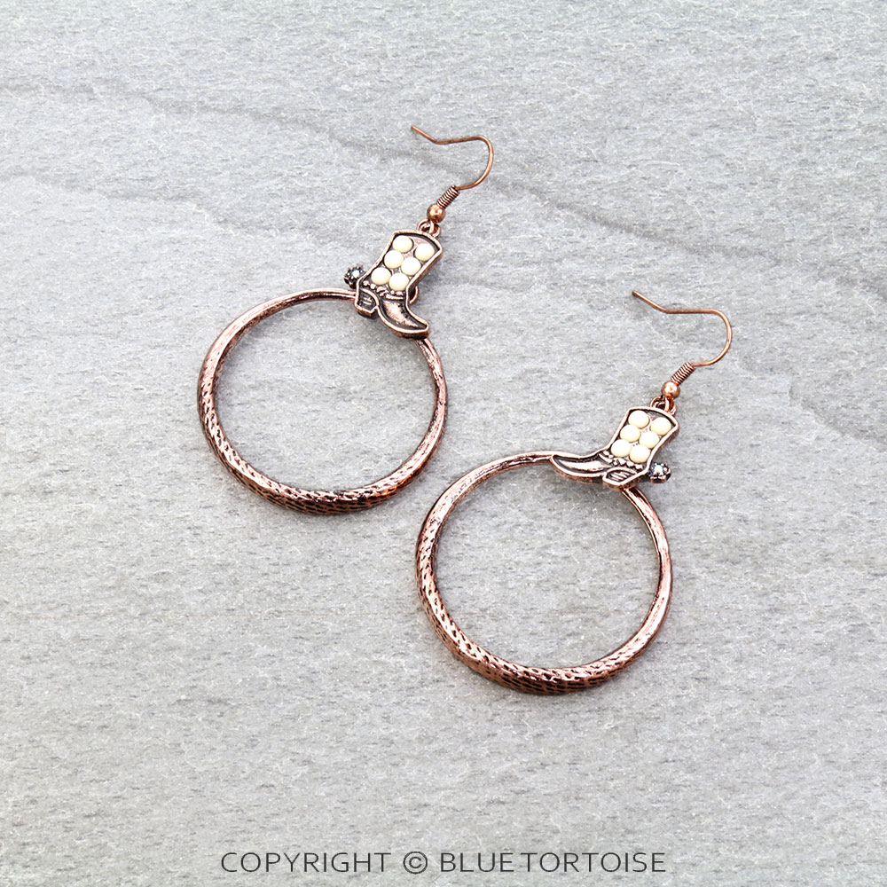 Western Boot Stone Round Dangle Earrings
