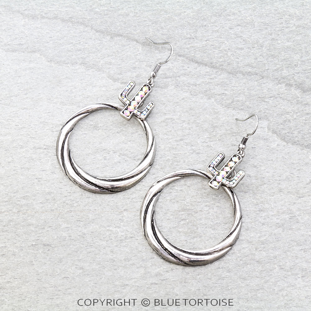 Western Cactus Stone Round Dangle Earrings