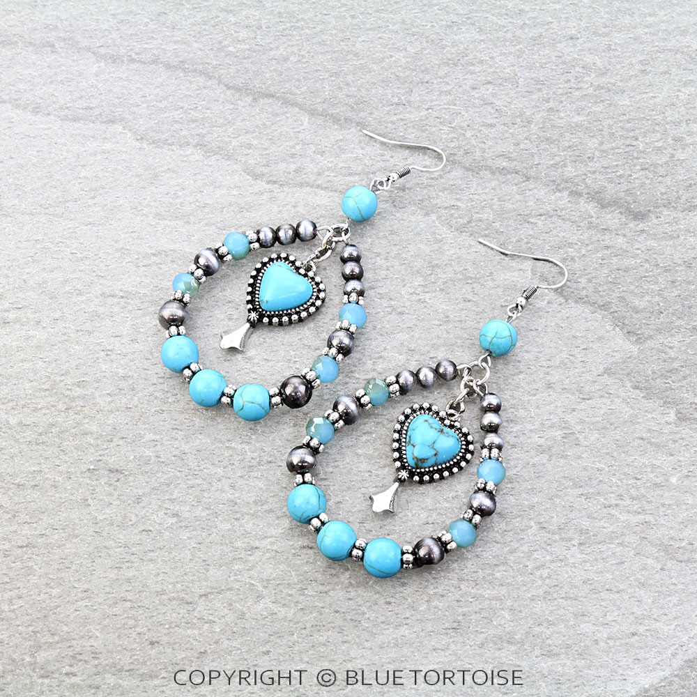 Western Navajo Style Pearl & Heart Stone Dangle Earrings