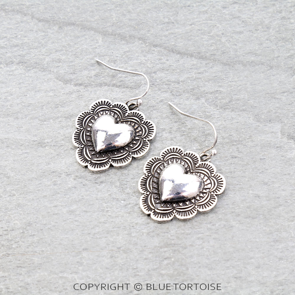 Western Ball TXR Heart Dangle Earrings