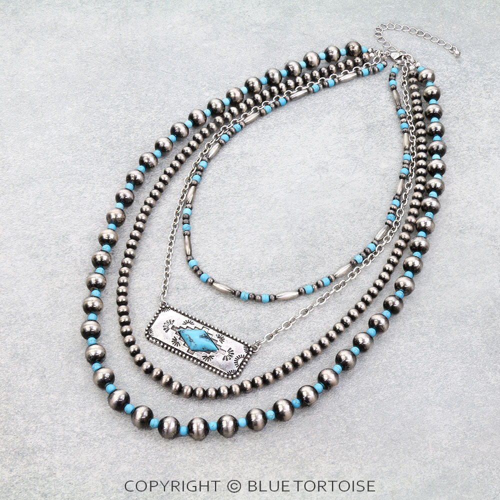 4 Layered Navajo Style Pearl & Aztec Bar Necklace