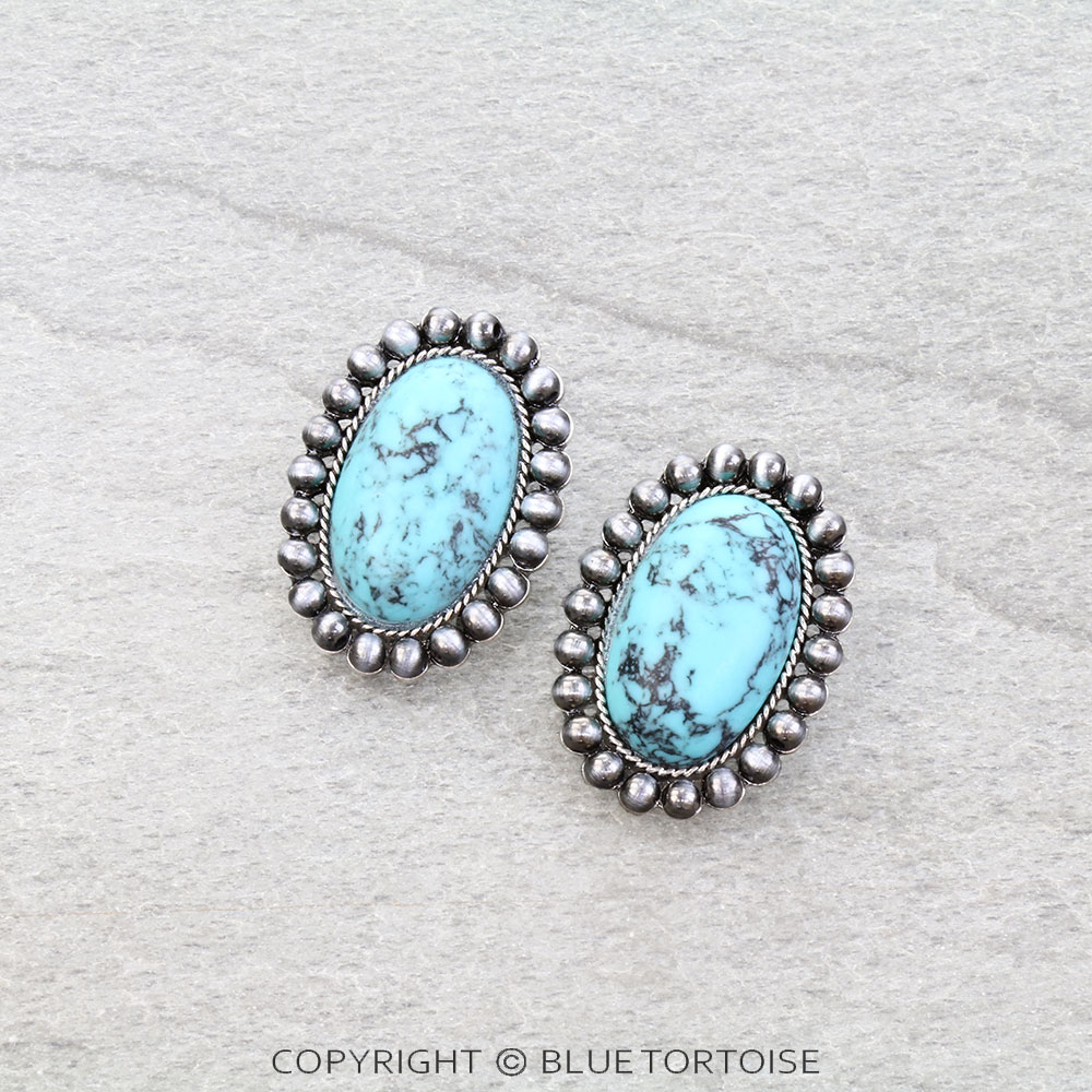 Navajo Style Pearl Oval Stone Stud Earrings