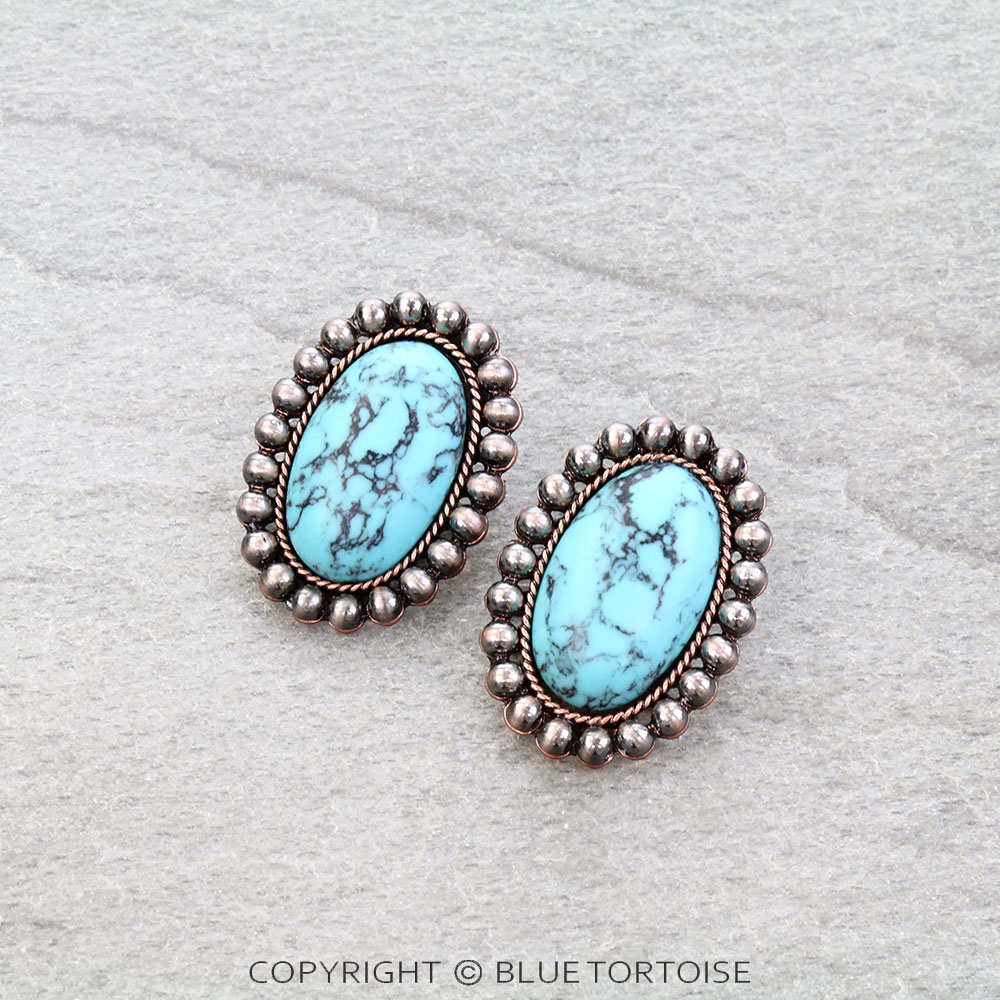 Navajo Style Pearl Oval Stone Stud Earrings