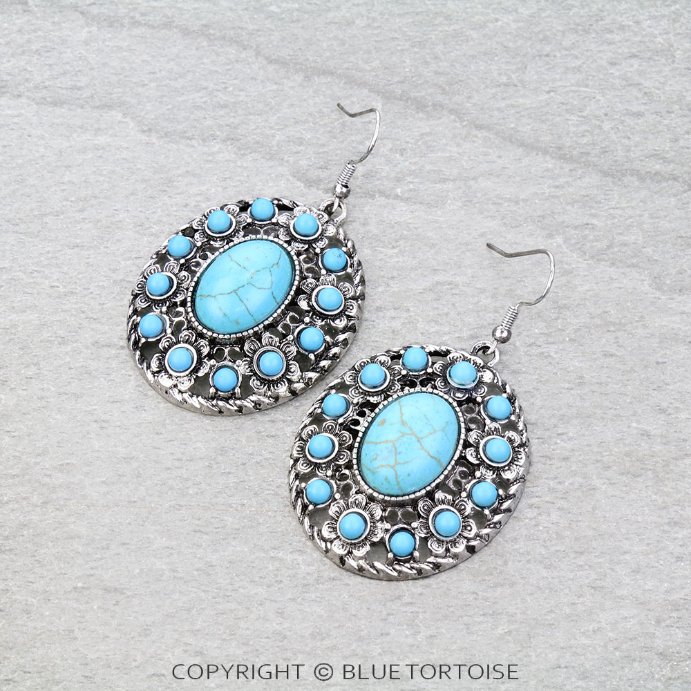 Western Flower TXR Concho Stone Dangle Earrings