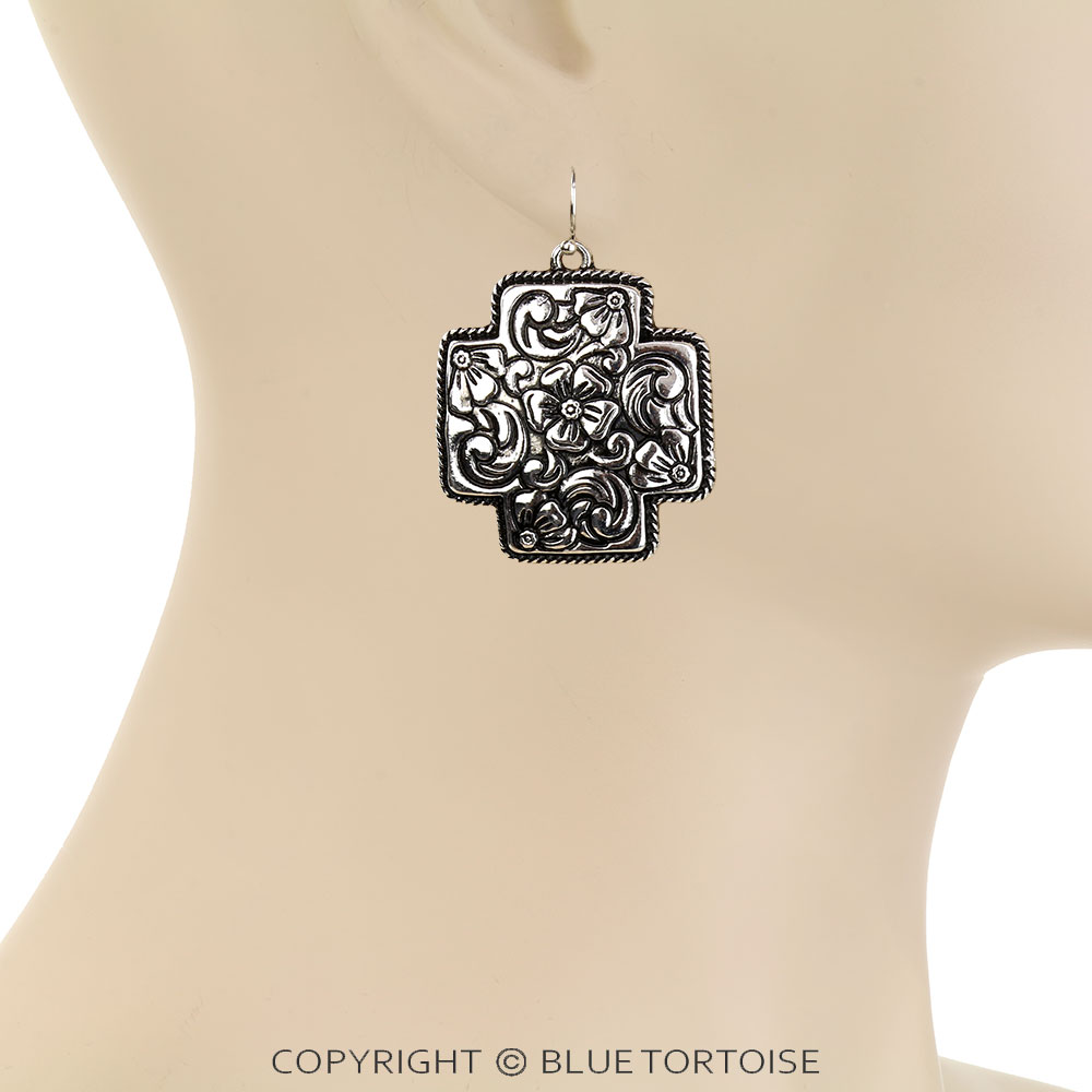 Western Flower Engraved Cross Dangle Earrings - Image 2