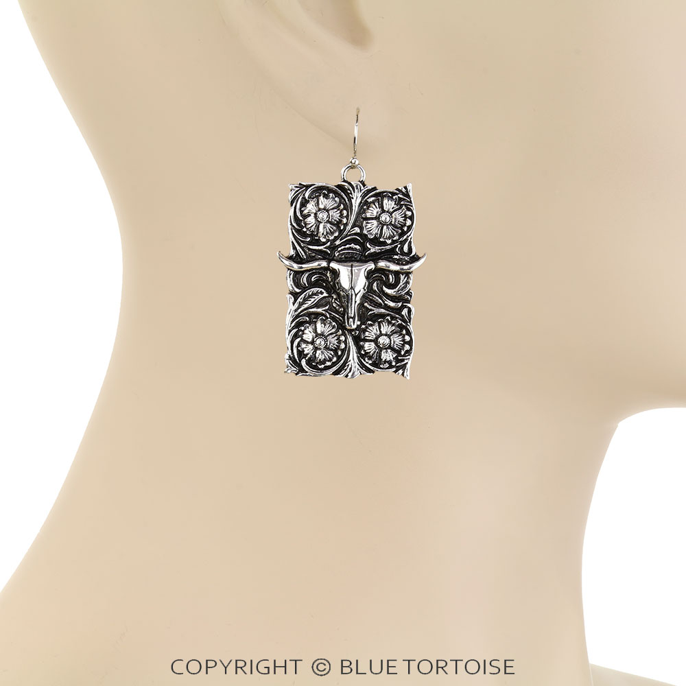Western Flower Engraved Steer Skull Plate Dangle Earrings - Image 2