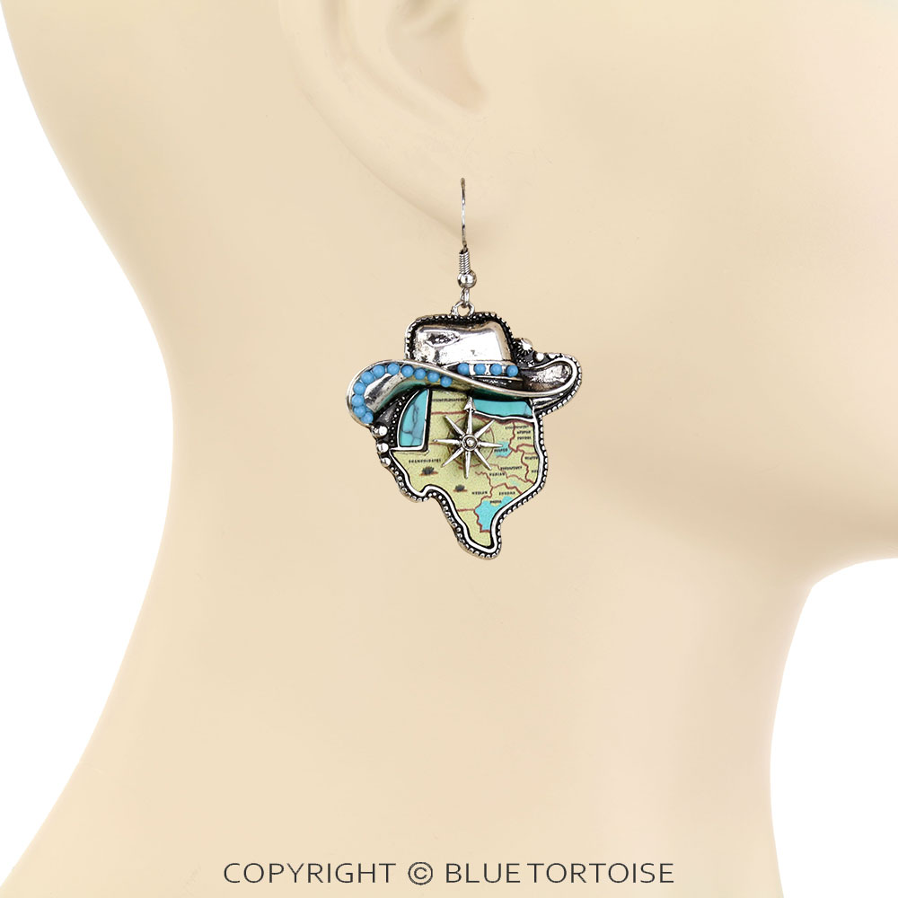 Western Cowboy Hat Leather Texas Map Dangle Earrings - Image 2