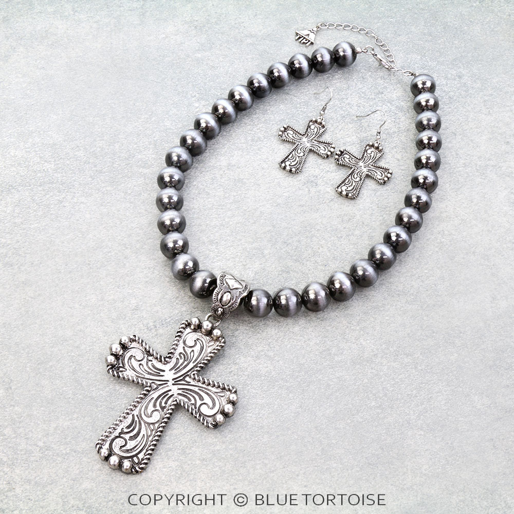 Western Etched Cross Pendant Necklace Set