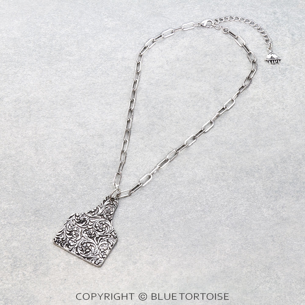 Western Flower Engraved Ear Tag Necklace