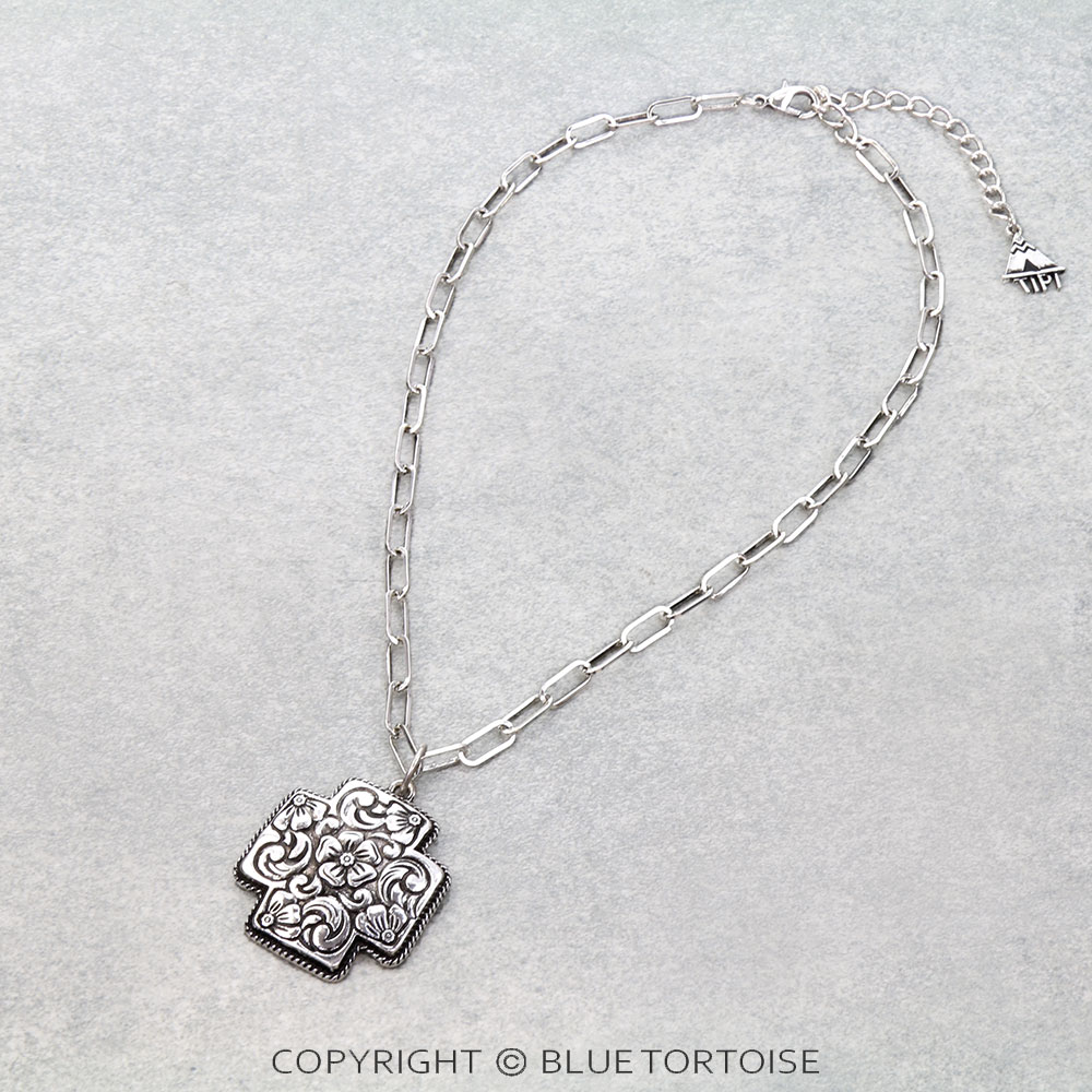 Western Flower Engraved Cross Necklace