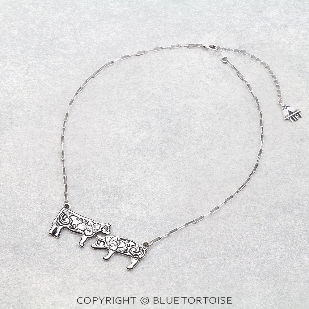 Western Etched Cow & Pig Necklace