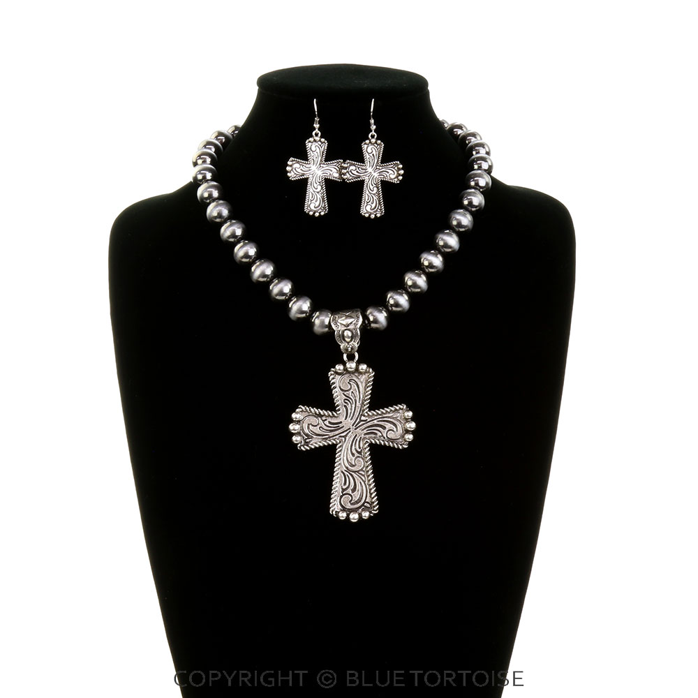 Western Etched Cross Pendant Necklace Set - Image 2