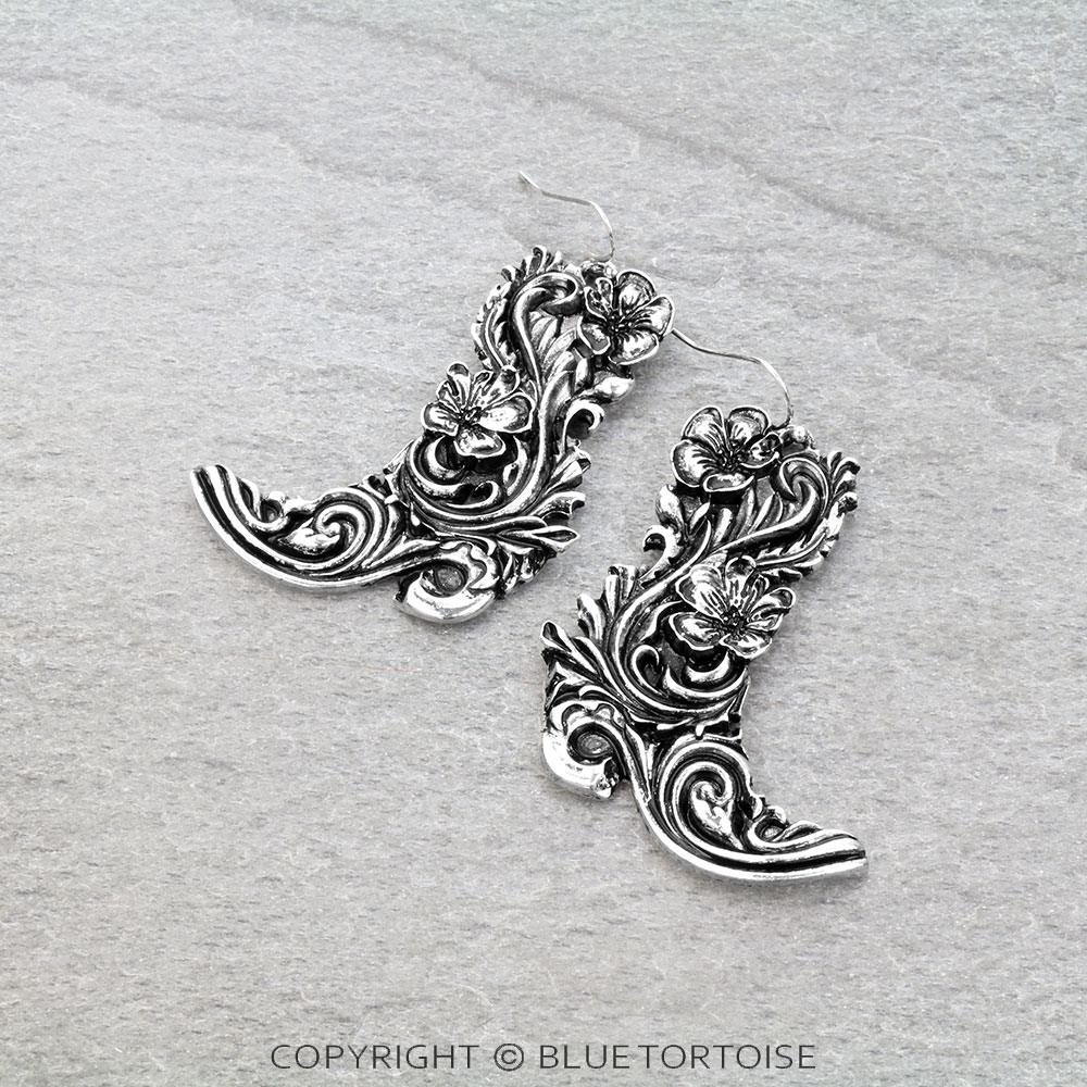 Western Flower Engraved Cowboy Boot Dangle Earrings