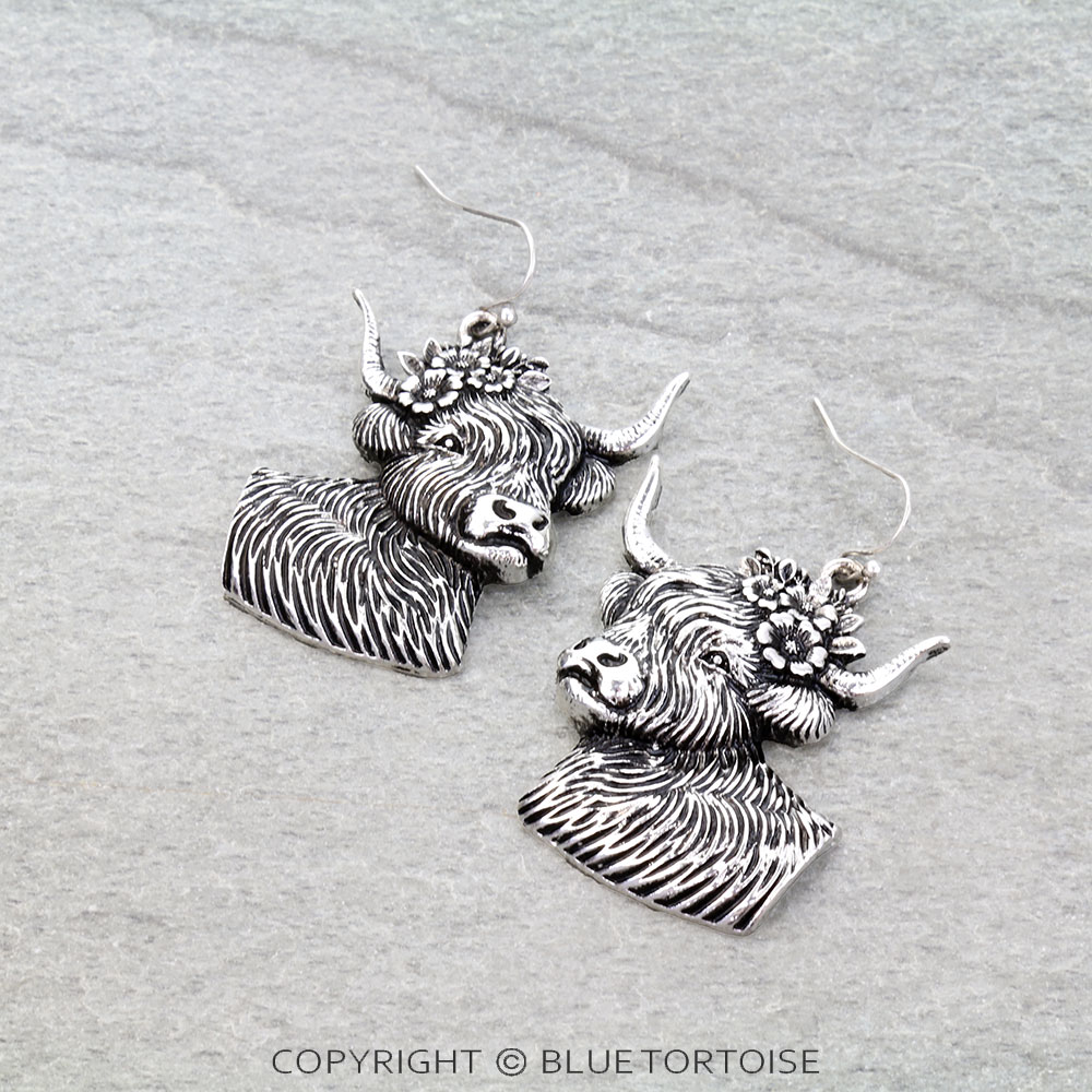Western Flower Steer Cow Dangle Earrings