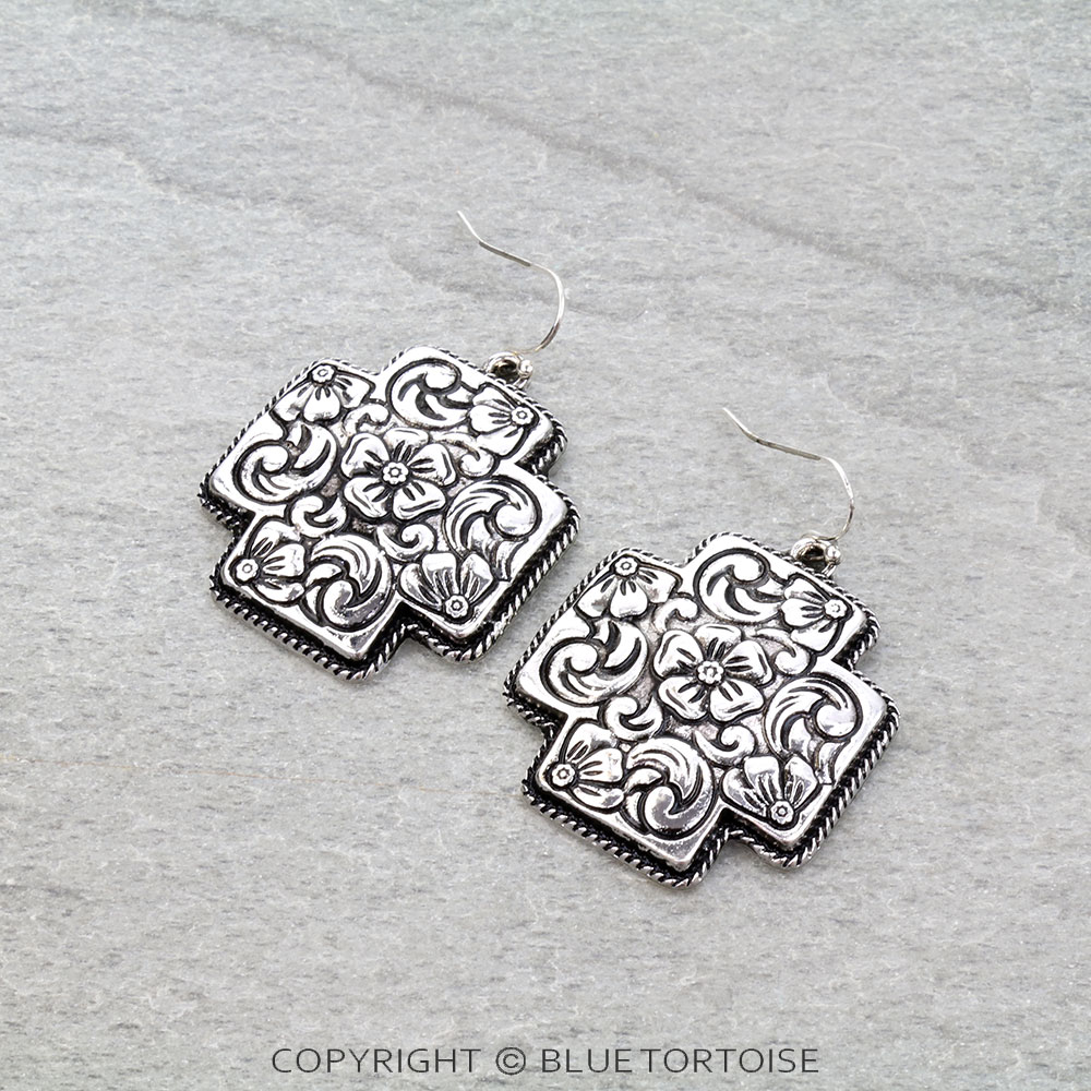 Western Flower Engraved Cross Dangle Earrings