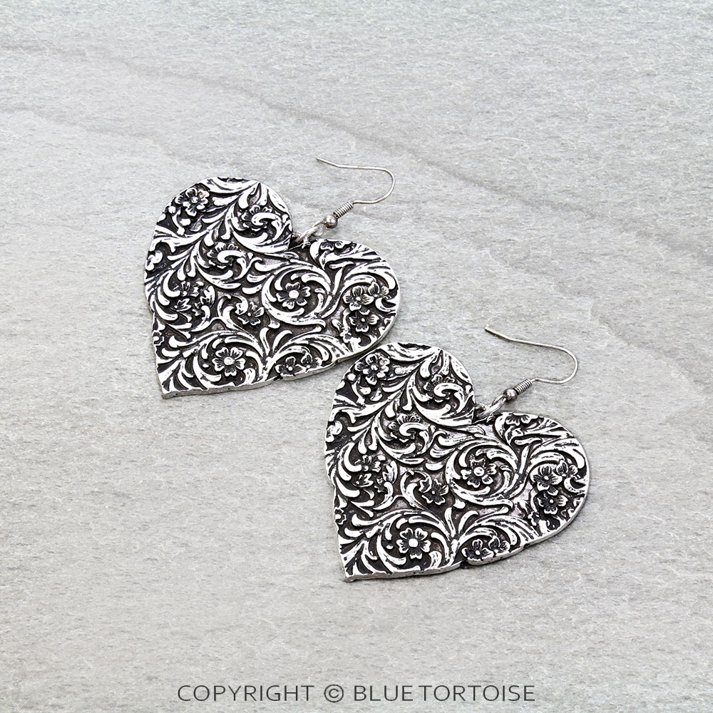 Western Flower Engraved Heart Dangle Earrings