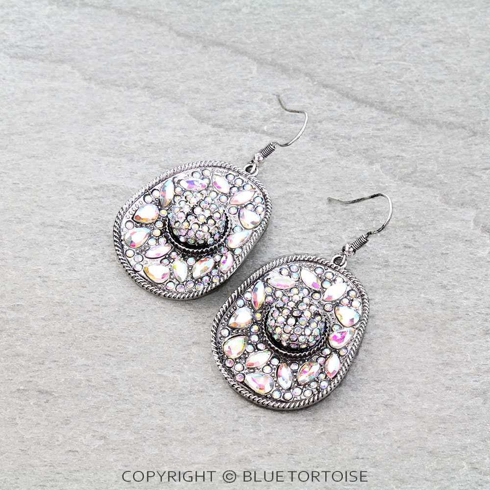 Western Cowboy Hat Stone Dangle Earrings