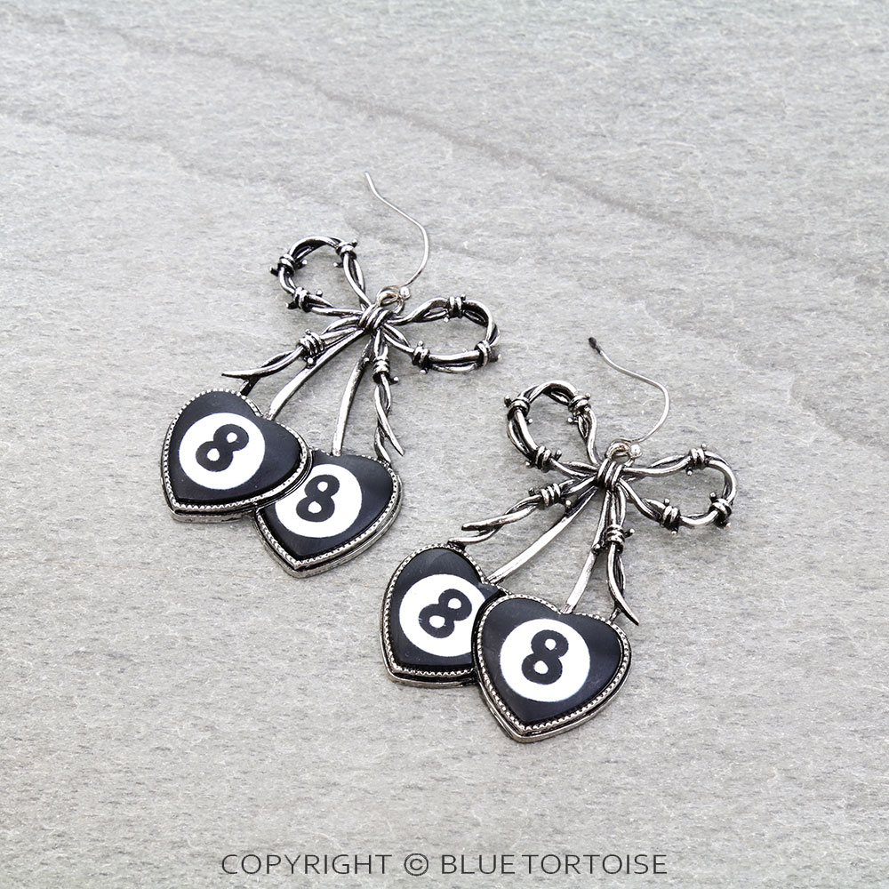 Western Barbed Wire Bow & 8 Ball Heart Dangle Earrings