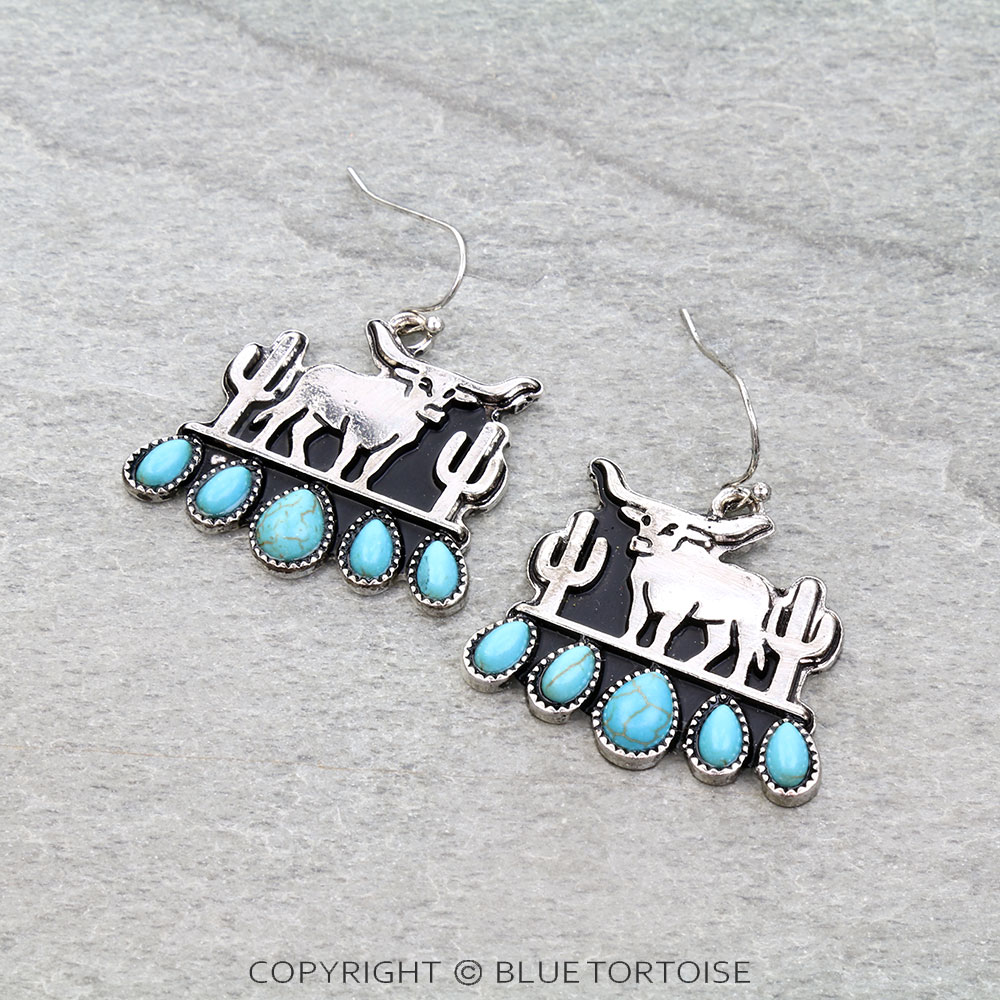 Western Steer Cow Stone Dangle Earrings
