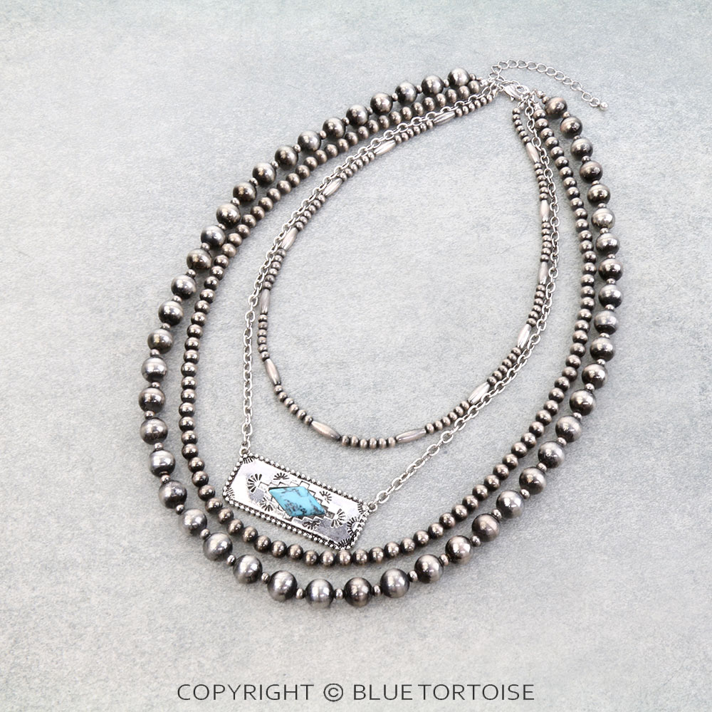 4 Layered Navajo Style Pearl & Aztec Bar Necklace
