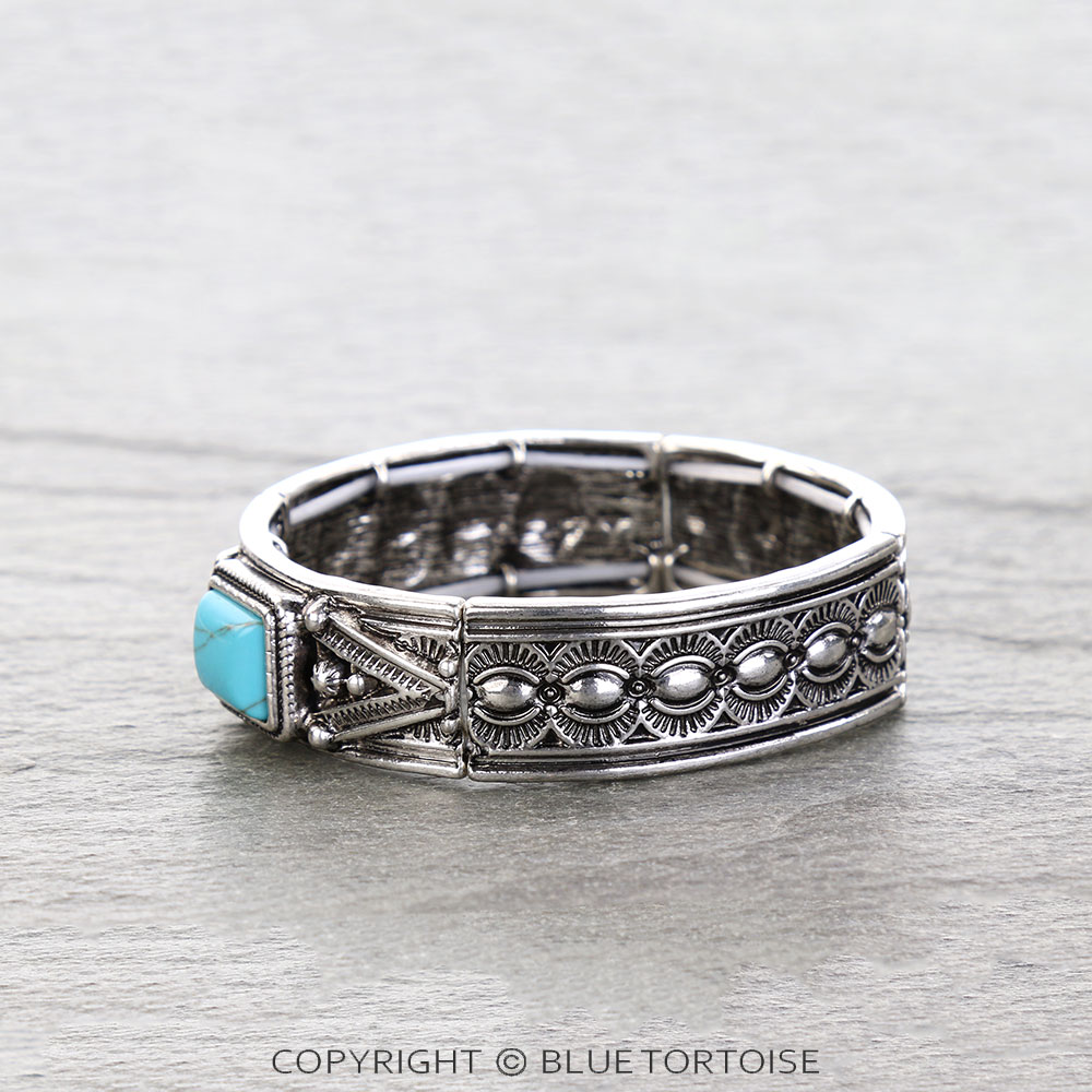 Western Rectangle Stone Inlay Stretch Bracelet - Image 2