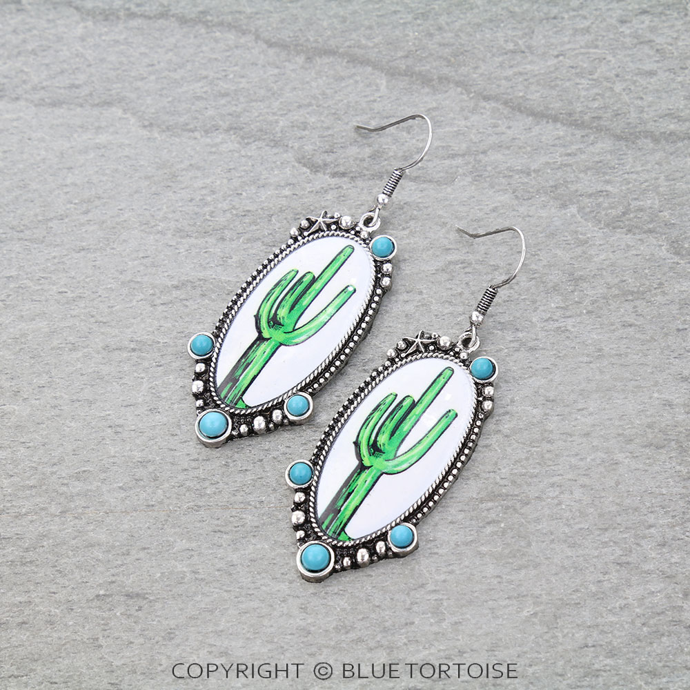 Western Cactus Print Dangle Earrings