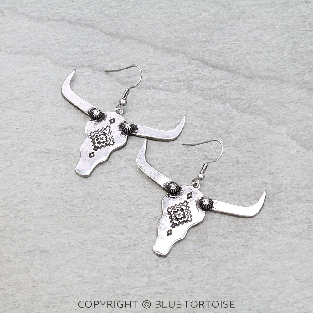 Western Aztec Steer Skull Dangle Earrings