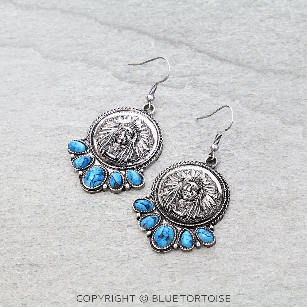 Western Indian Head Stone Dangle Earrings