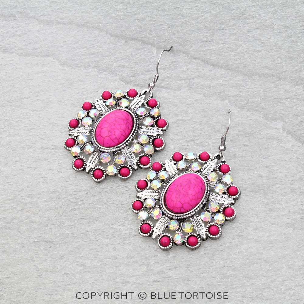 Western Feather TXR Stone Dangle Earrings