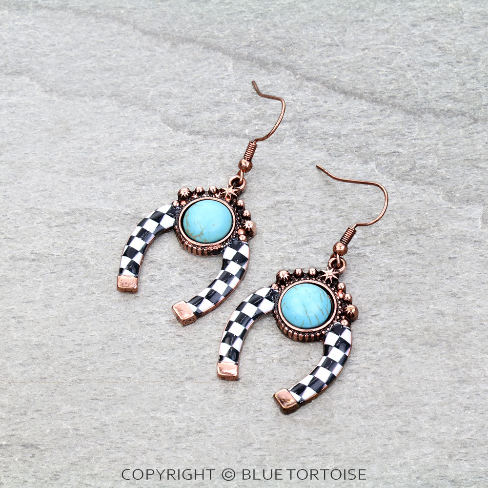 Western Checkered Horseshoe Dangle Earrings