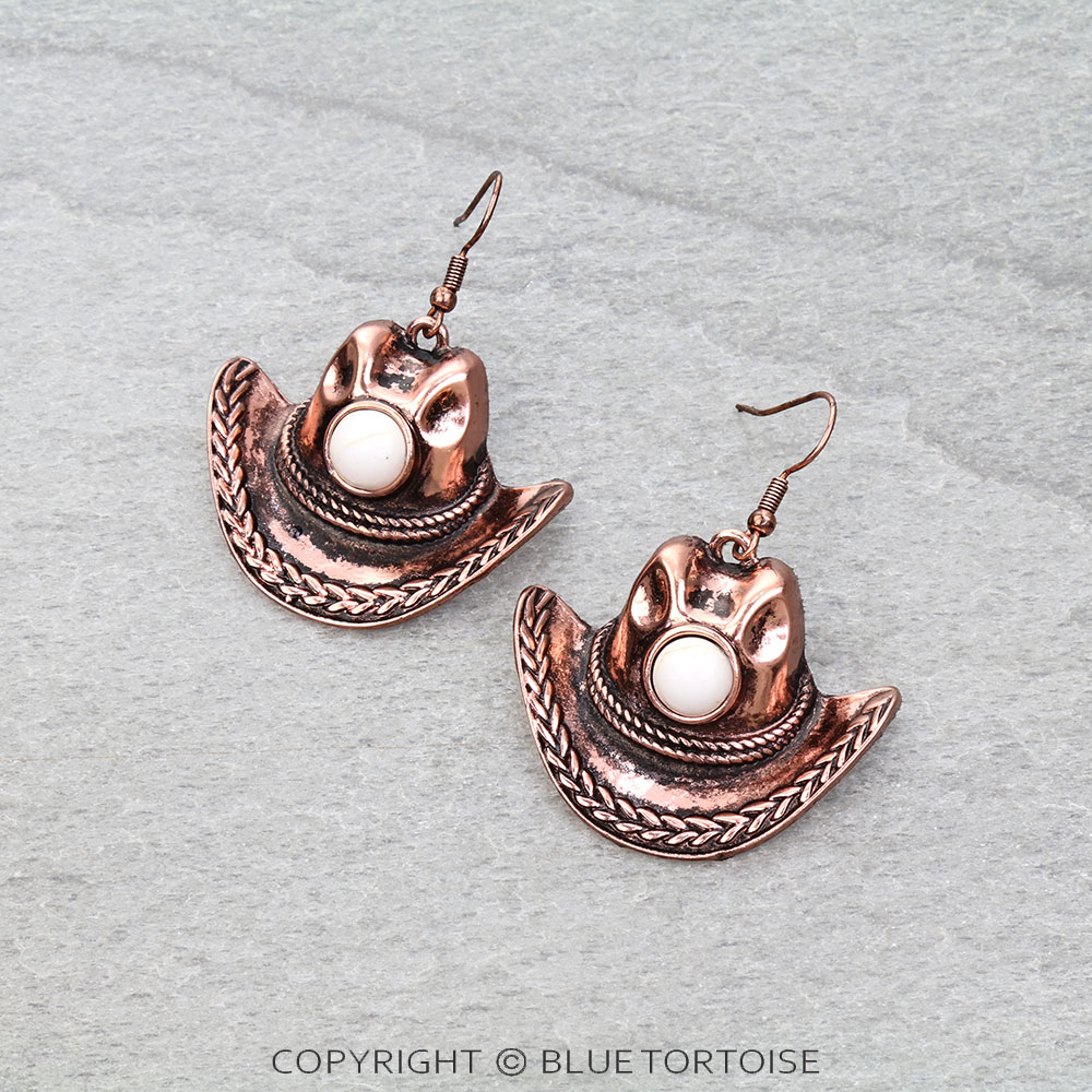 Western Cowboy Hat Stone Dangle Earrings