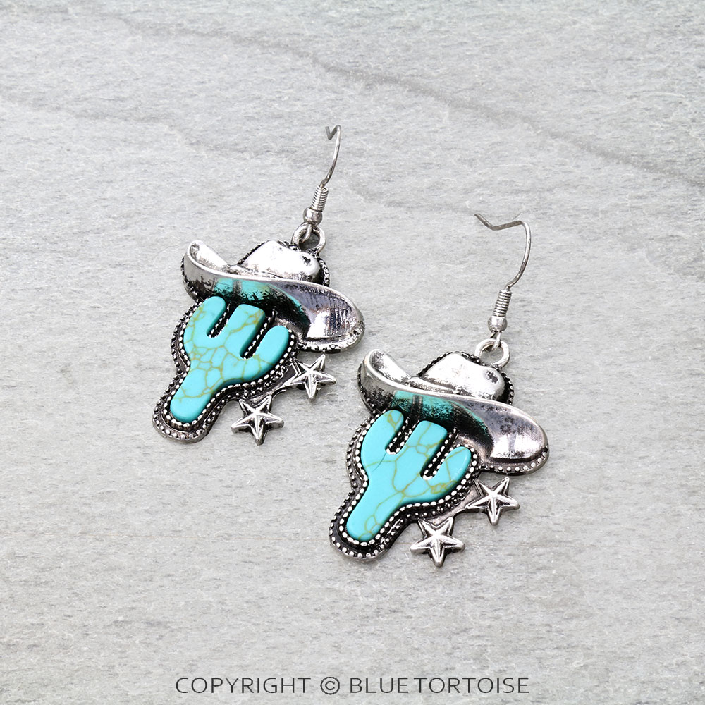Western Cowboy Hat Cactus Dangle Earrings