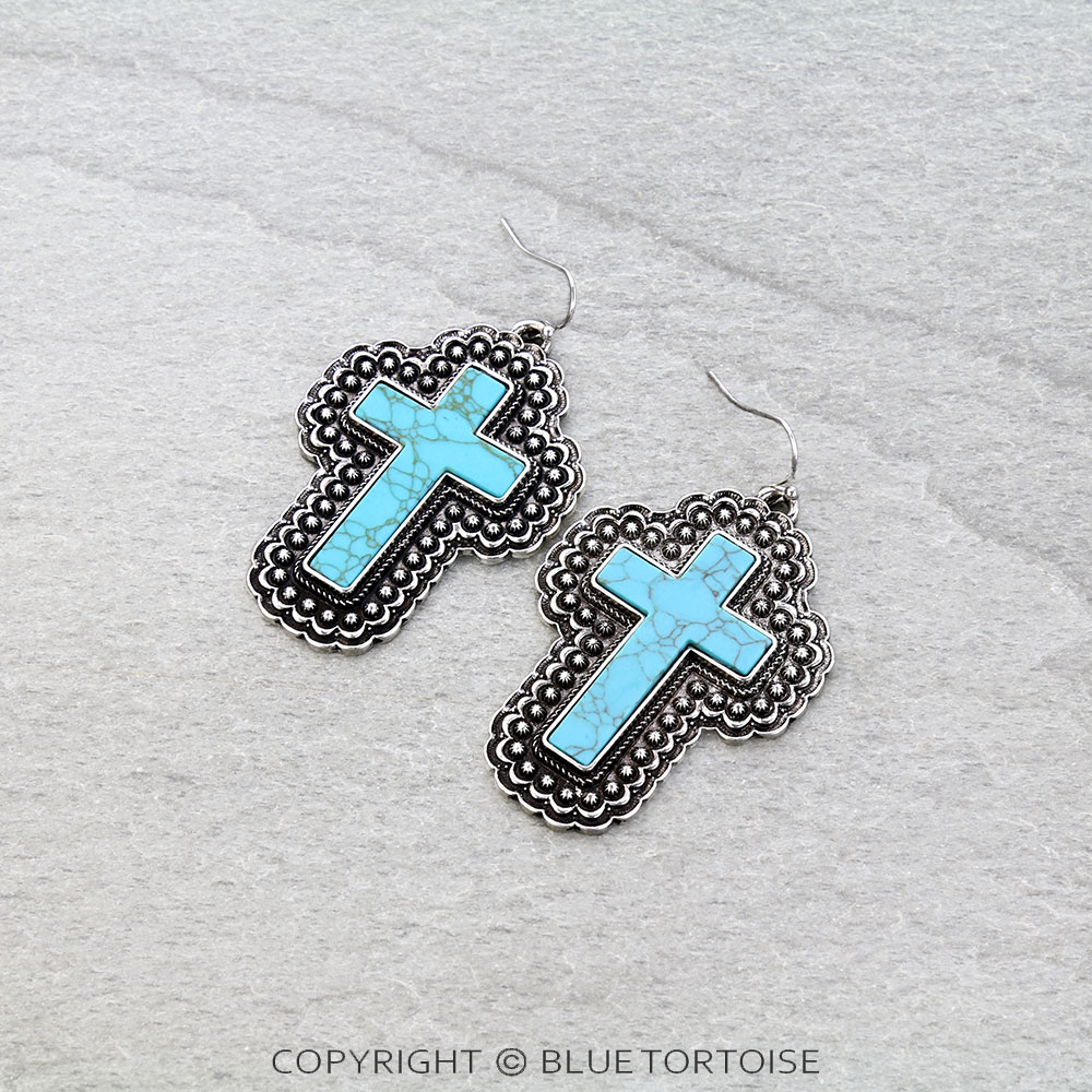 Western Large Cross Stone Dangle Earrings