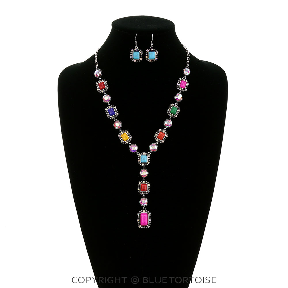 Western Rectangle Stone Y Necklace Set - Image 2
