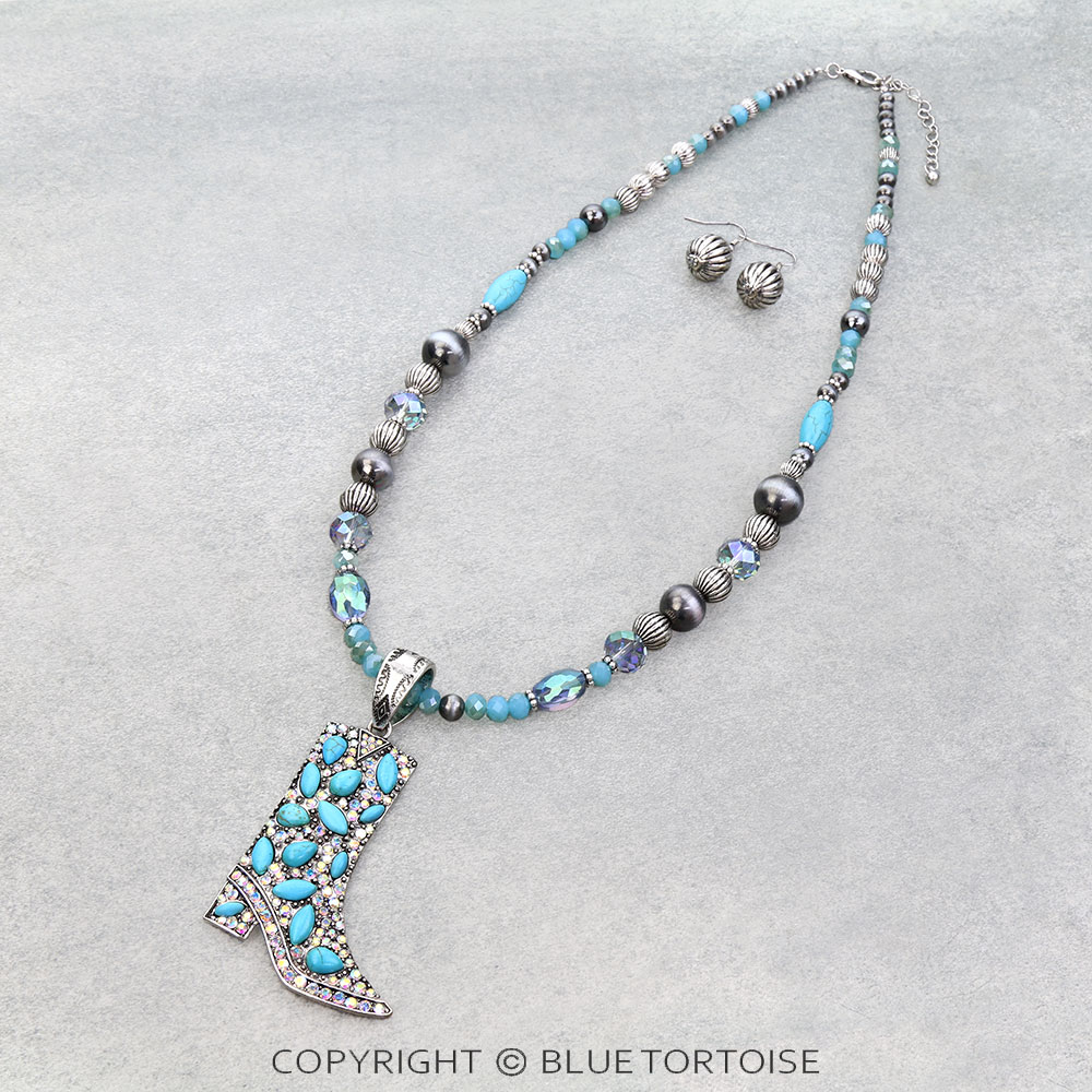 Western Cowboy Boot Stone Necklace Set