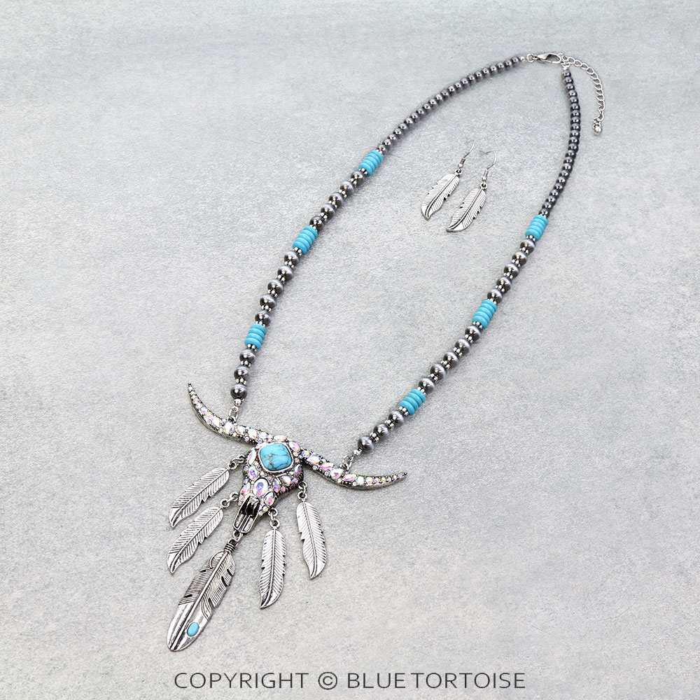 Western Steer Skull Stone Necklace Set