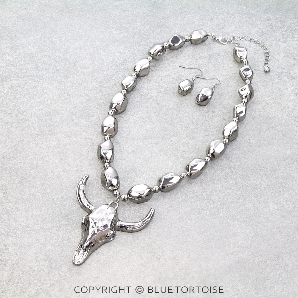 Western Steer Skull Pendant Necklace Set