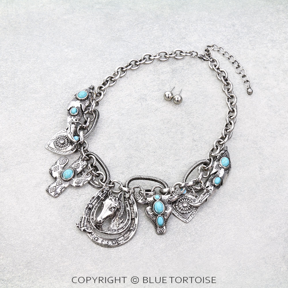 Western Horse & Horseshoe Multi Charm Necklace Set
